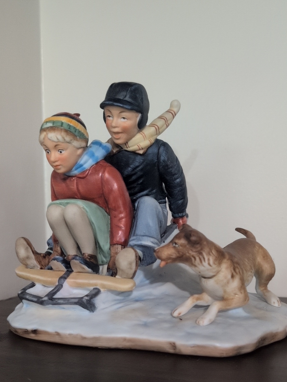 Gorham Hand-Painted Sledding Children & Dog Figurine in Red, Black